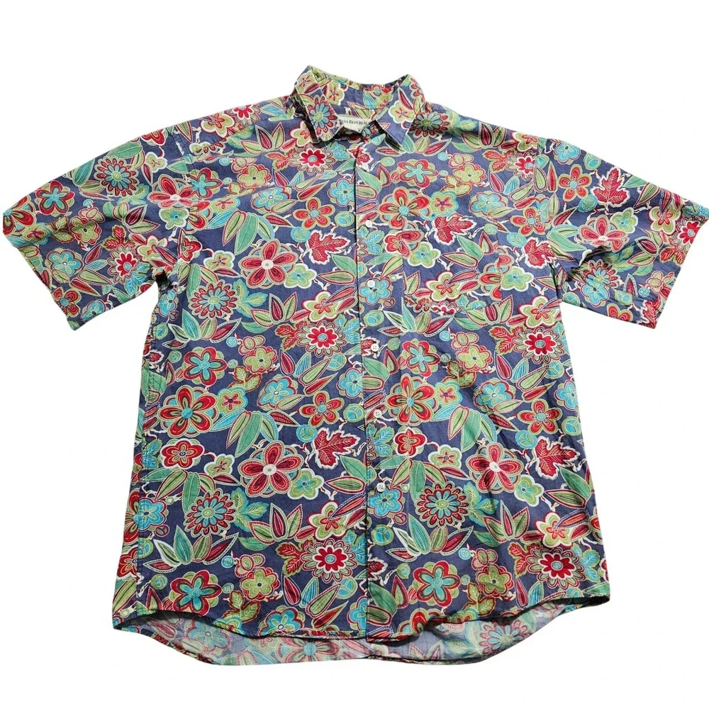 Banana Republic Button Up Shirt Men Large Blue Floral Peace Vintage Short Sleeve